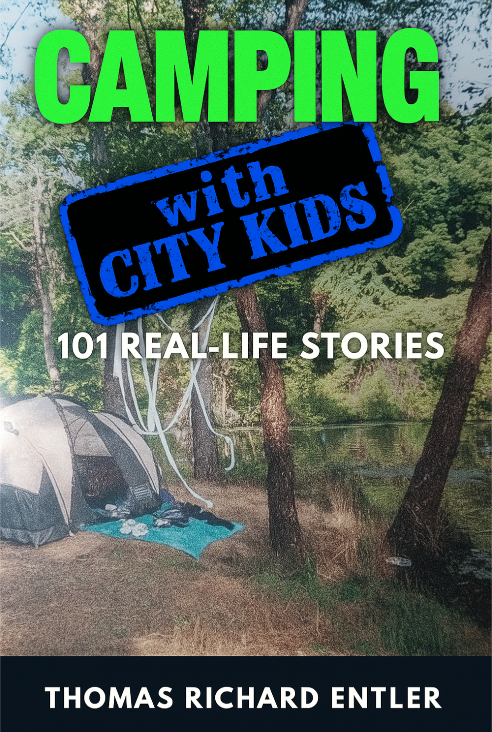 Camping with City Kids book cover, serene lake with the ground on fire next to a bench